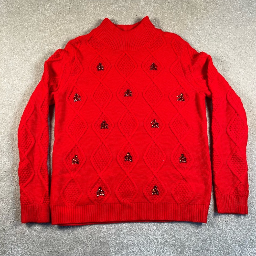 New York & Co red cable knit acrylic sweater with jewels mock neck Medium